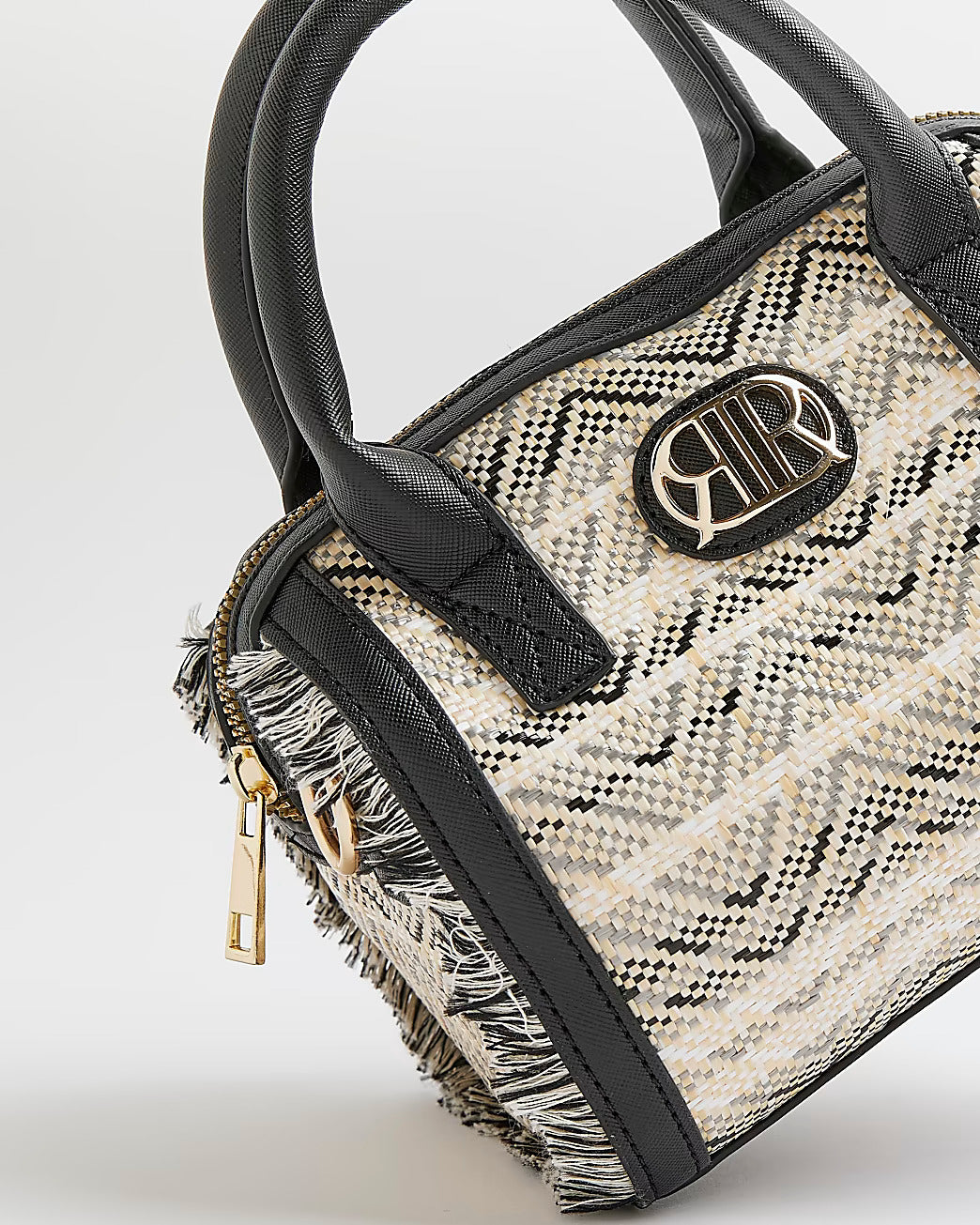 Girls black weave stripe bowler bag