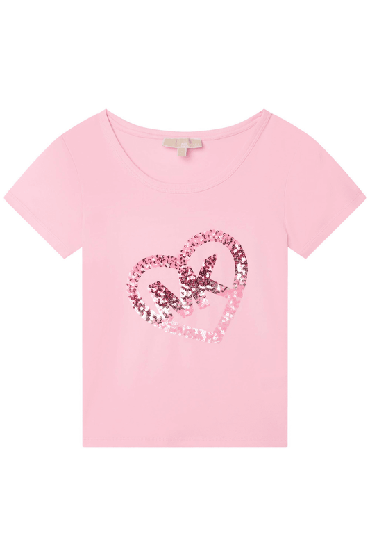 MICHAEL KORS Girls Sequin Heart Logo T-shirt in Pink