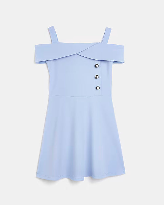 River Island Girls blue button detail bardot dress