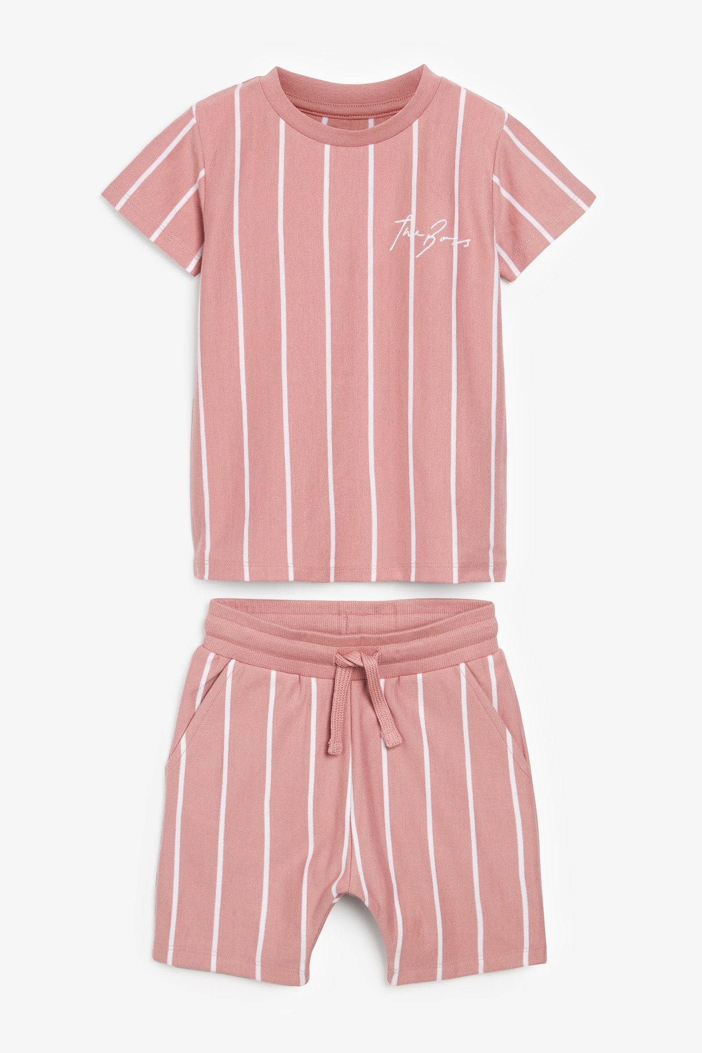 Pink & White Vertical Stripe T-Shirt and Shorts Set