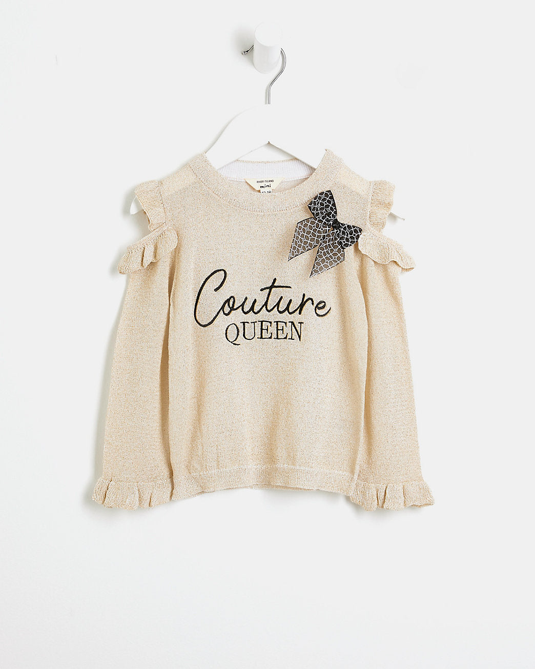 Mini girls beige frill cold shoulder jumper