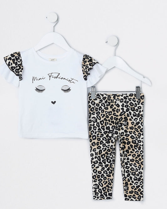 Mini girls beige animal print t-shirt set