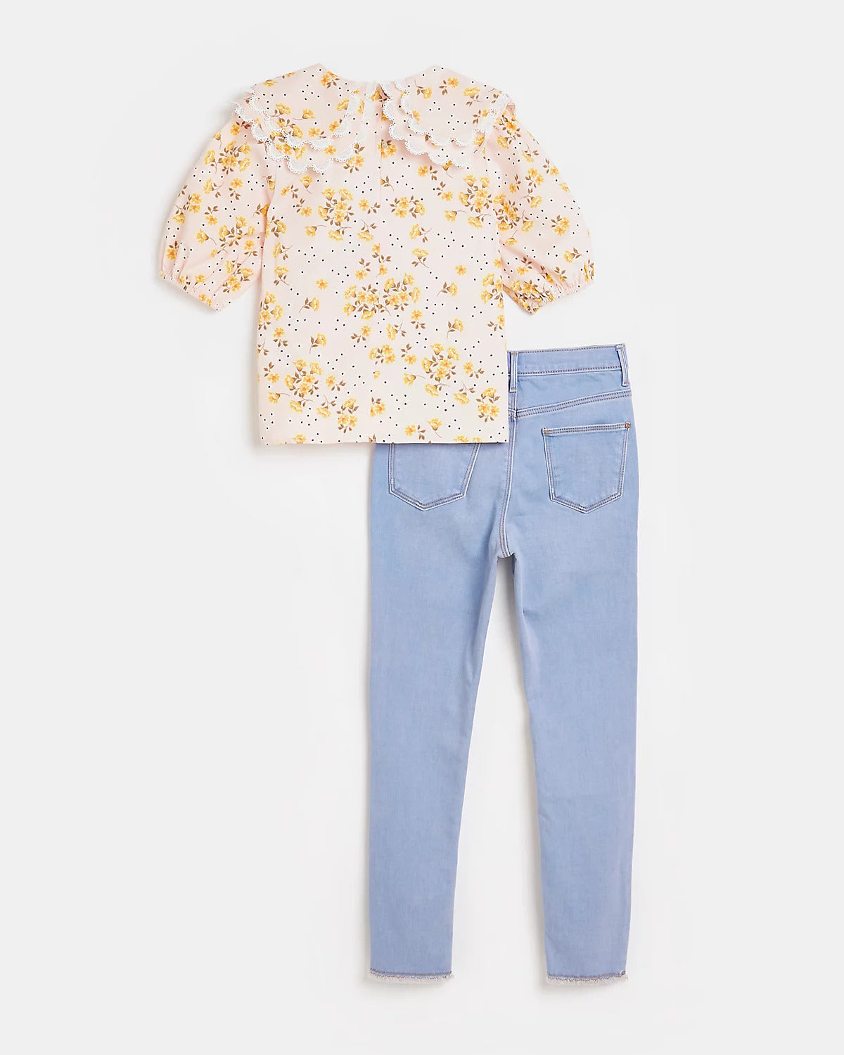 Riverisland Girls pink collar floral top and jeans outfit