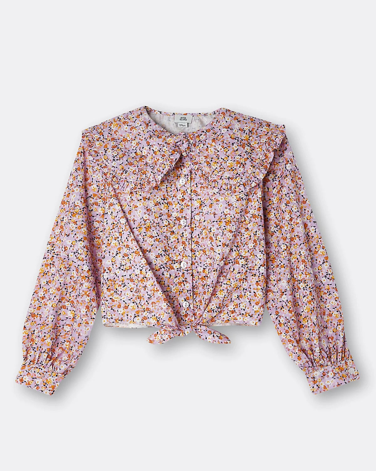 Girls purple floral tie front collar shirt