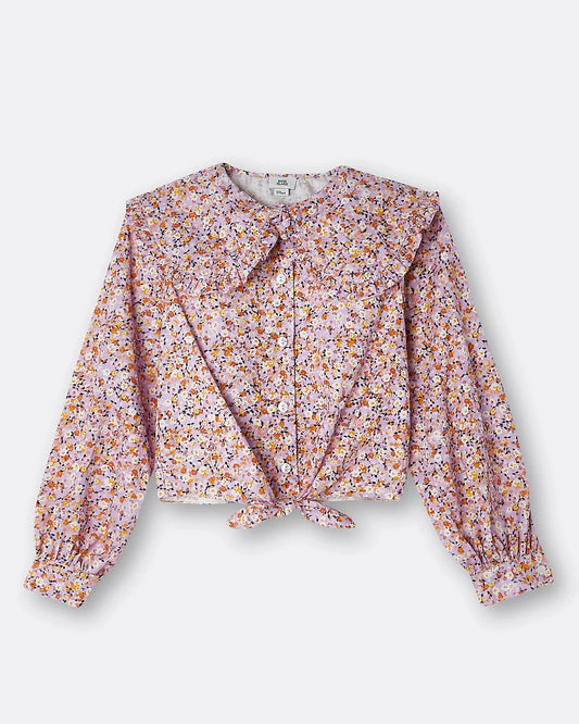 Girls purple floral tie front collar shirt