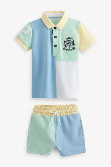 Next Short Sleeve Colourblock Pique Jersey Polo Shirt And Shorts Set