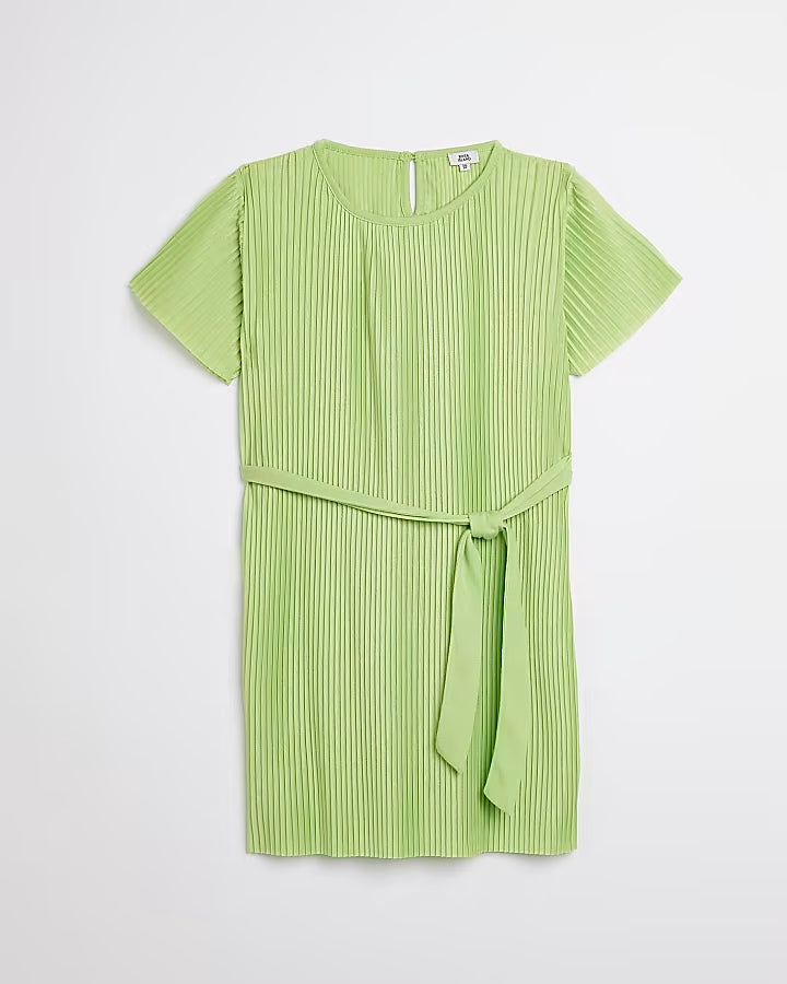 River Island Girls lime plisse belted t-shirt dress