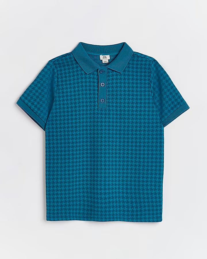 River Island Boys green dogtooth short sleeve polo shirt