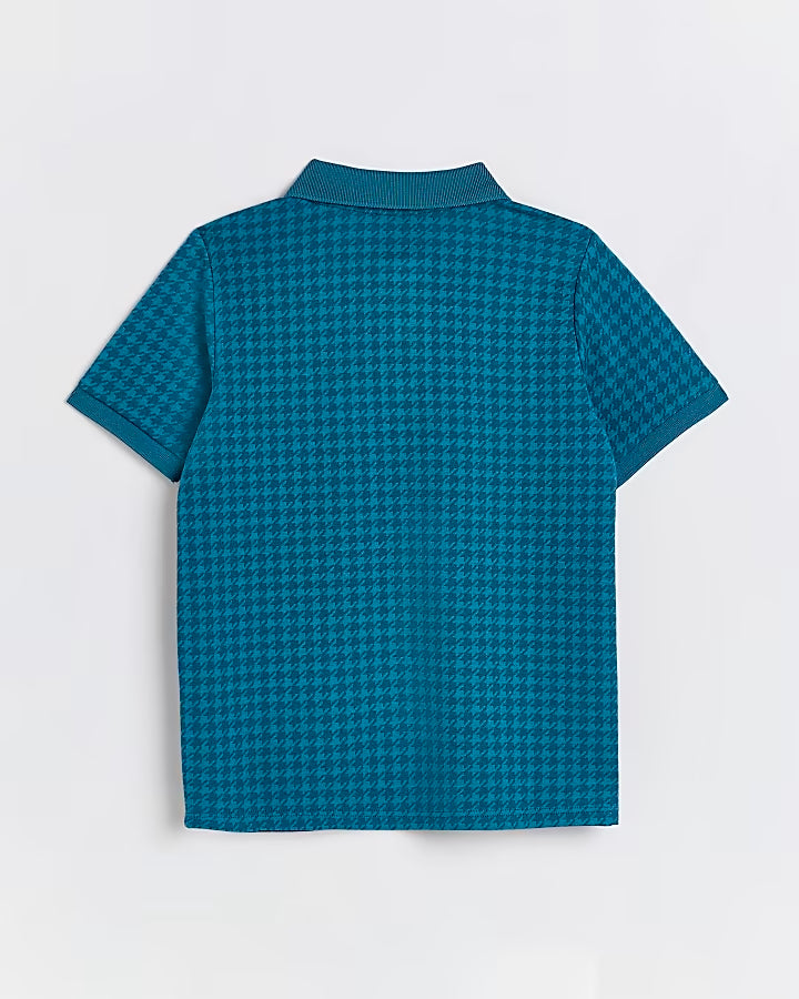 River Island Boys green dogtooth short sleeve polo shirt