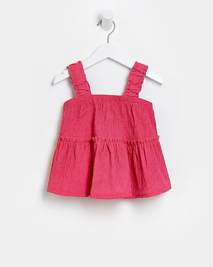 River Island Mini girls pink plisse smock cami top