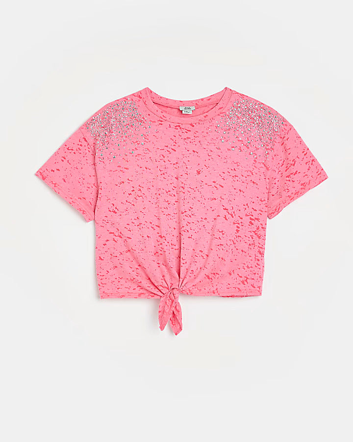 River Island Girls coral embellished t-shirt