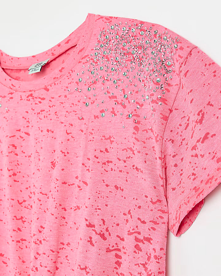 River Island Girls coral embellished t-shirt