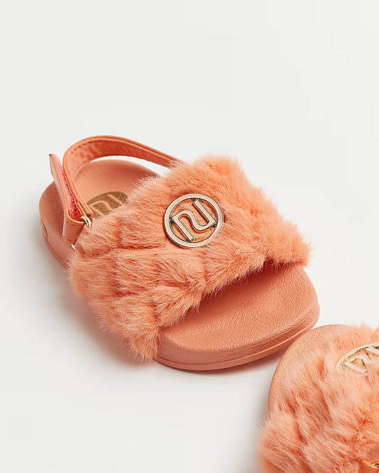 River Island Orange quilted faux fur sliders