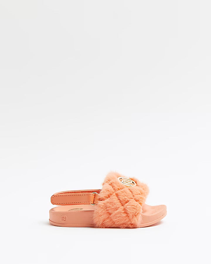 River Island Orange quilted faux fur sliders