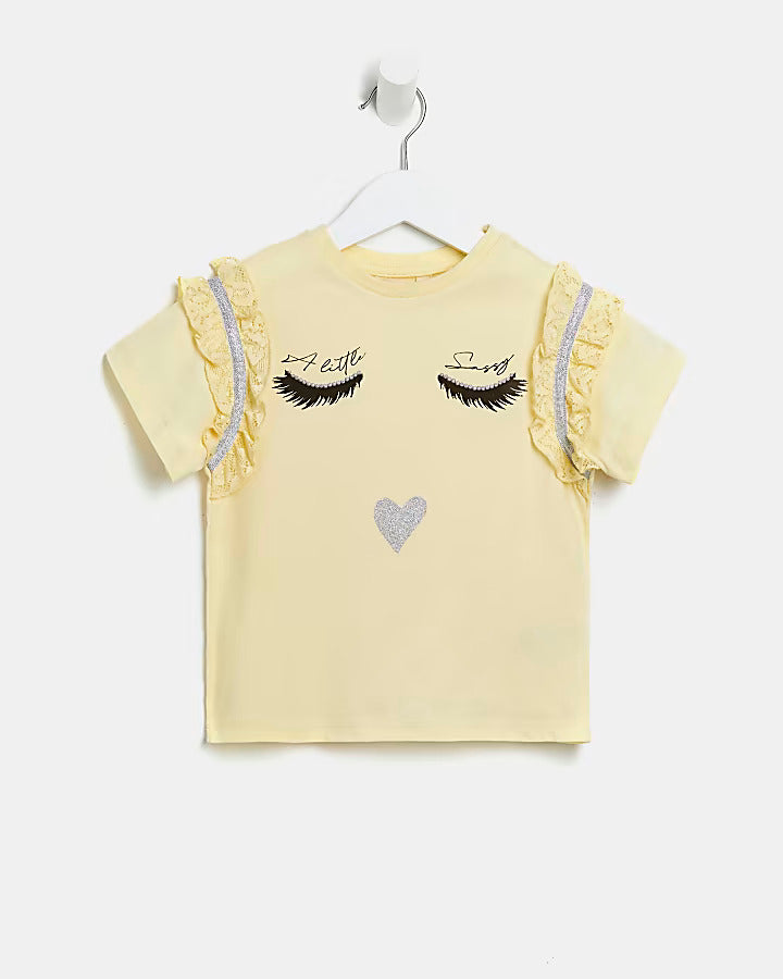 River Island Mini girls yellow lace sleeve t-shirt