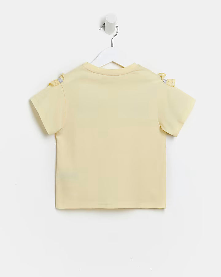 River Island Mini girls yellow lace sleeve t-shirt