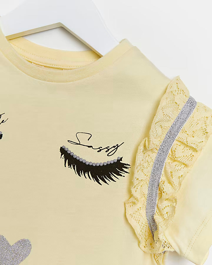 River Island Mini girls yellow lace sleeve t-shirt