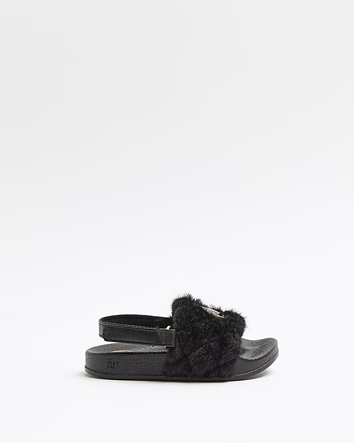 Mini girls black quilted faux fur sliders