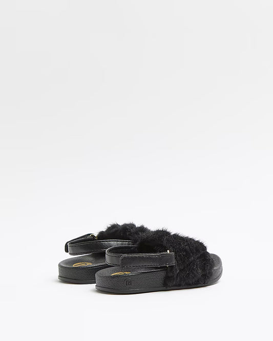 Mini girls black quilted faux fur sliders