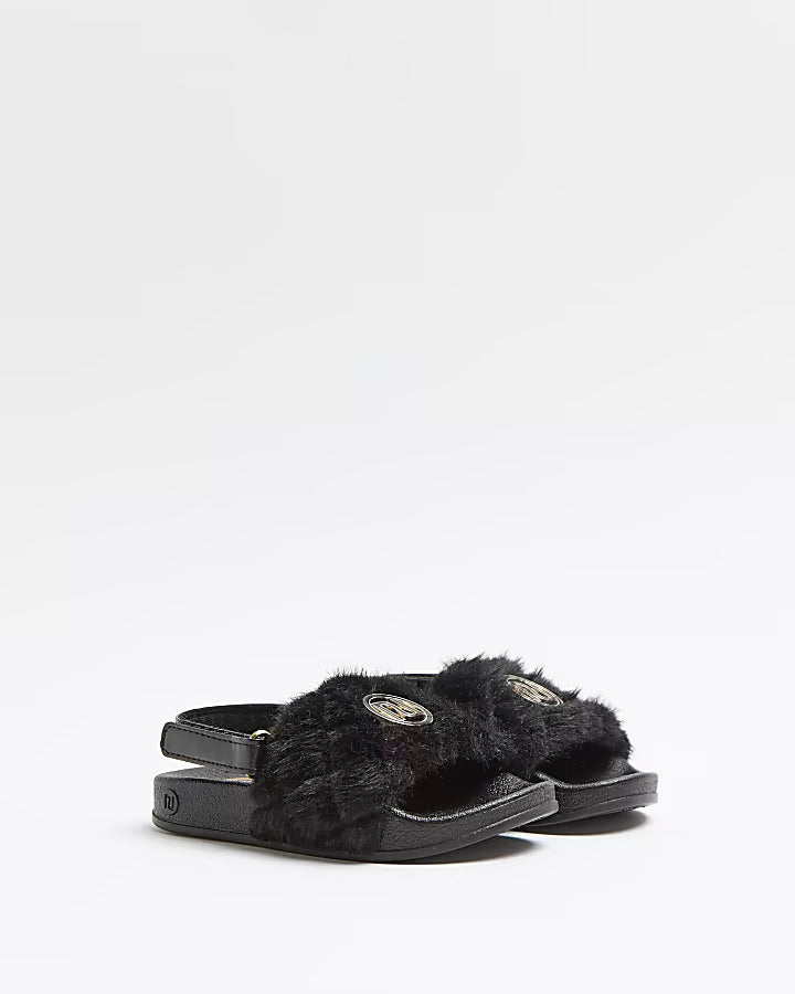 Mini girls black quilted faux fur sliders