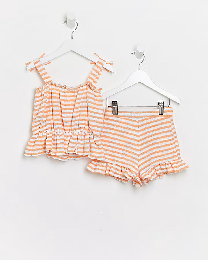 River Island mini girls orange stripe print shorts outfit