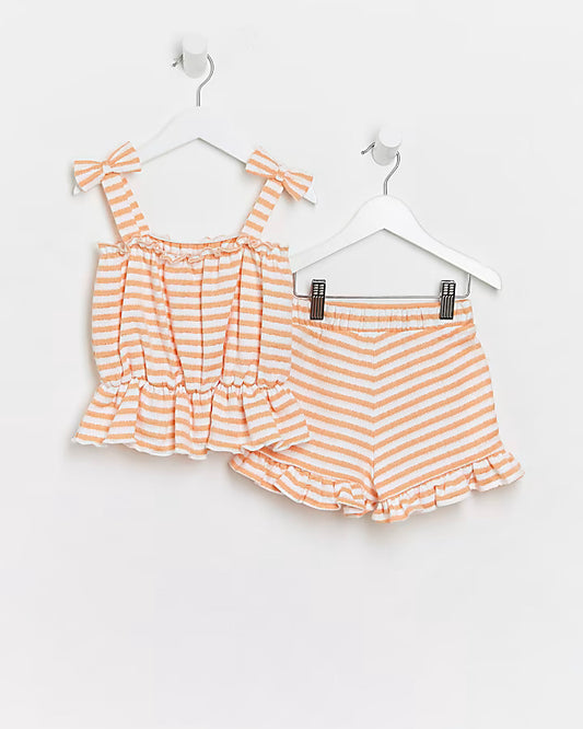 River Island mini girls orange stripe print shorts outfit