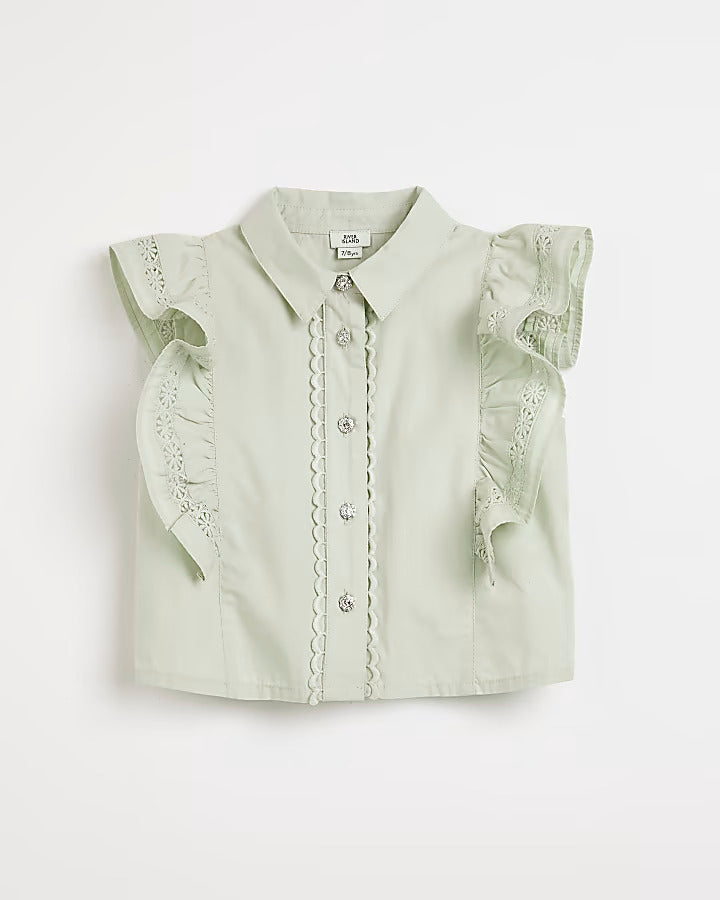 River Island Girls green sleeveless ruffle shirt