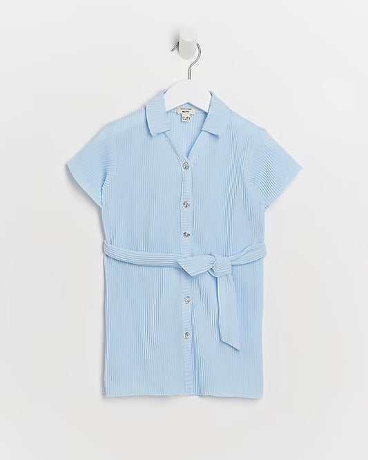 River Island Mini girls blue plisse shirt dress