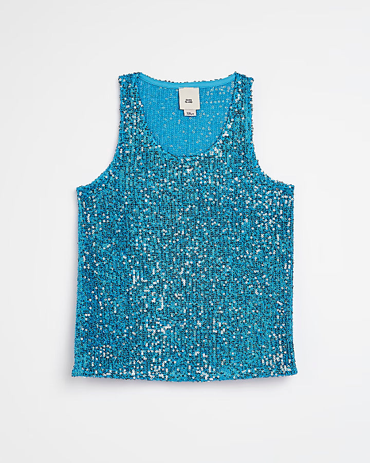 River Island Girls blue sequin cami top