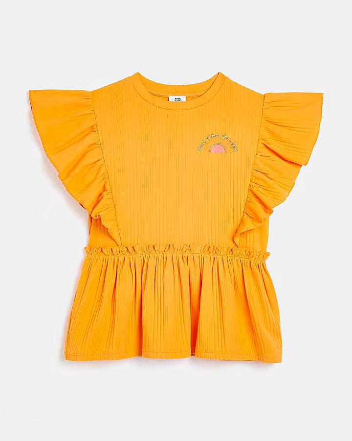 River Island Girls orange frill sleeve t-shirt