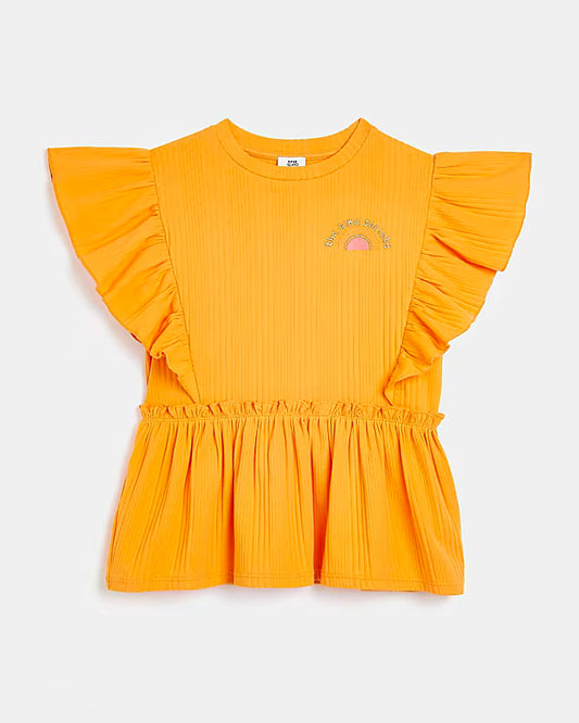 River Island Girls orange frill sleeve t-shirt