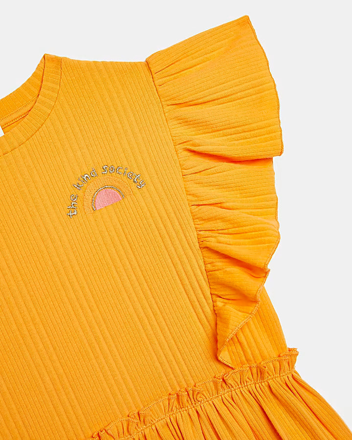 River Island Girls orange frill sleeve t-shirt