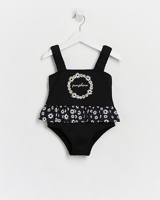 River Island Mini girls black daisy frill swimsuit