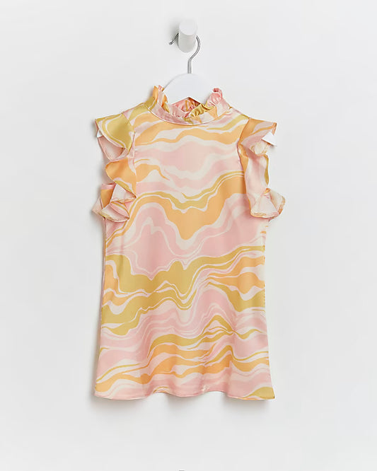 River Island Mini girls pink marble print frill dress