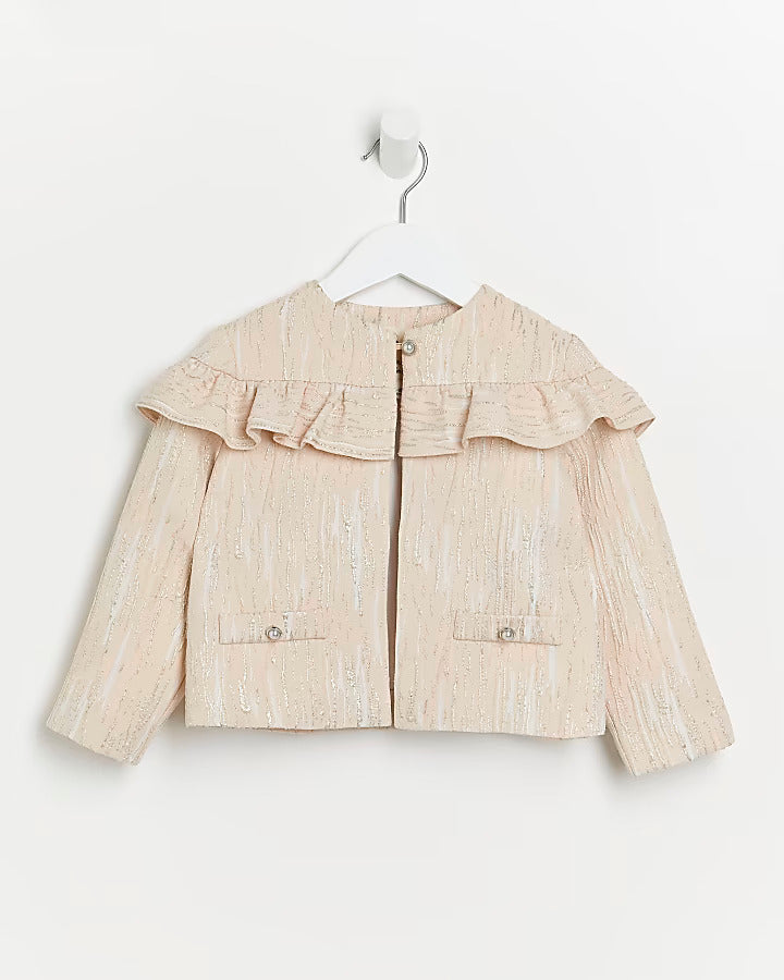 River Island Mini girls pink frill jacquard jacket